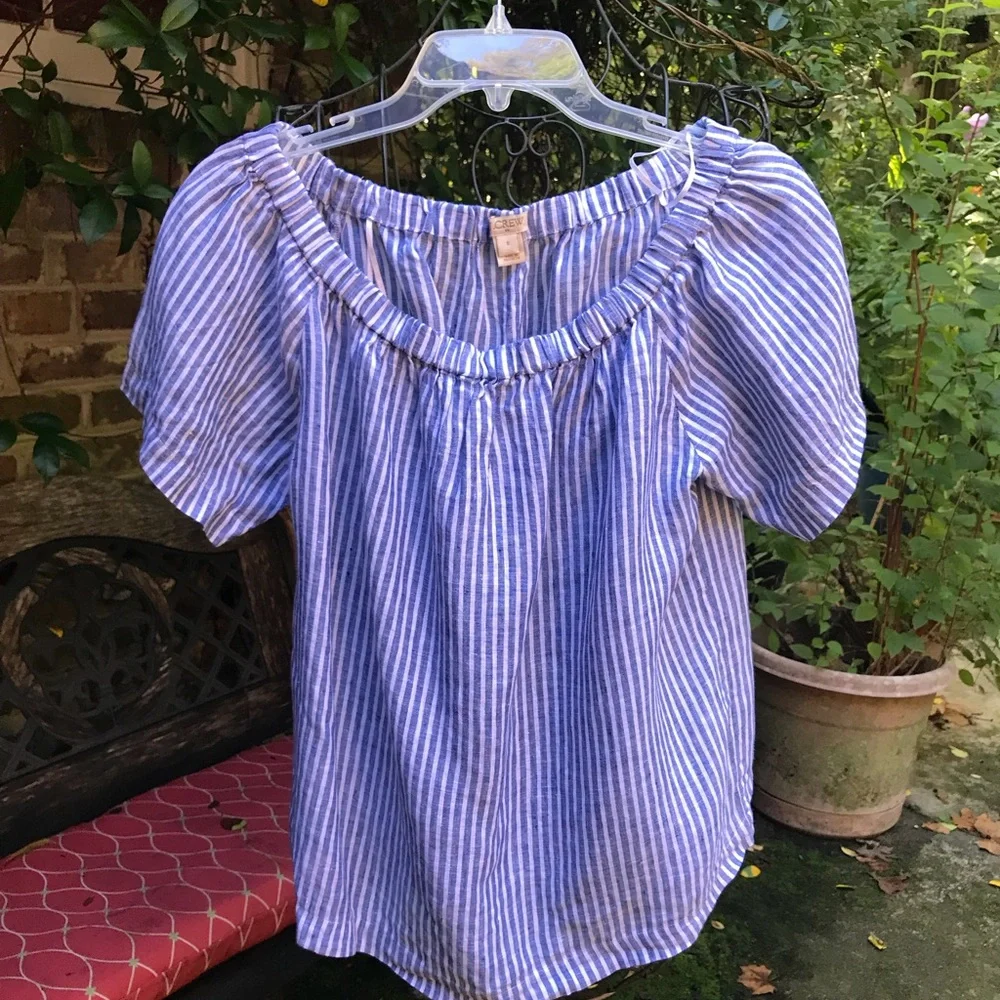 J. Crew- BLUE/WHITE STRIPE LINEN PEASANT SHIRT BLOUSE TOP- Size Small- EUC